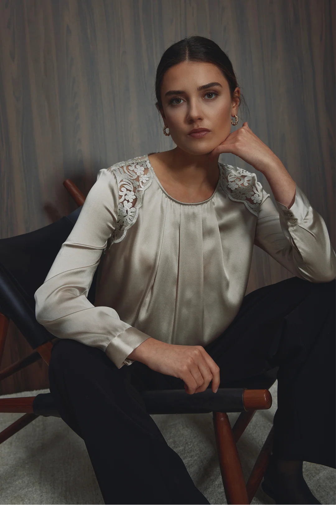 PBO laura silk champaign blouse with lace