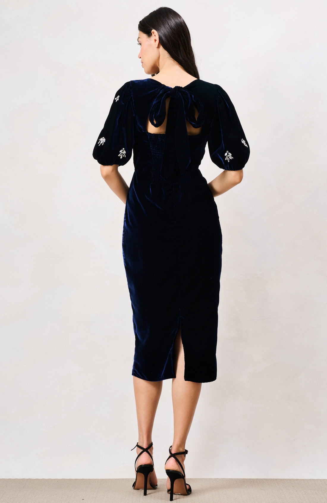 The Veloura Puff Sleeve Velvet Midi Pencil Dress with Embellishment