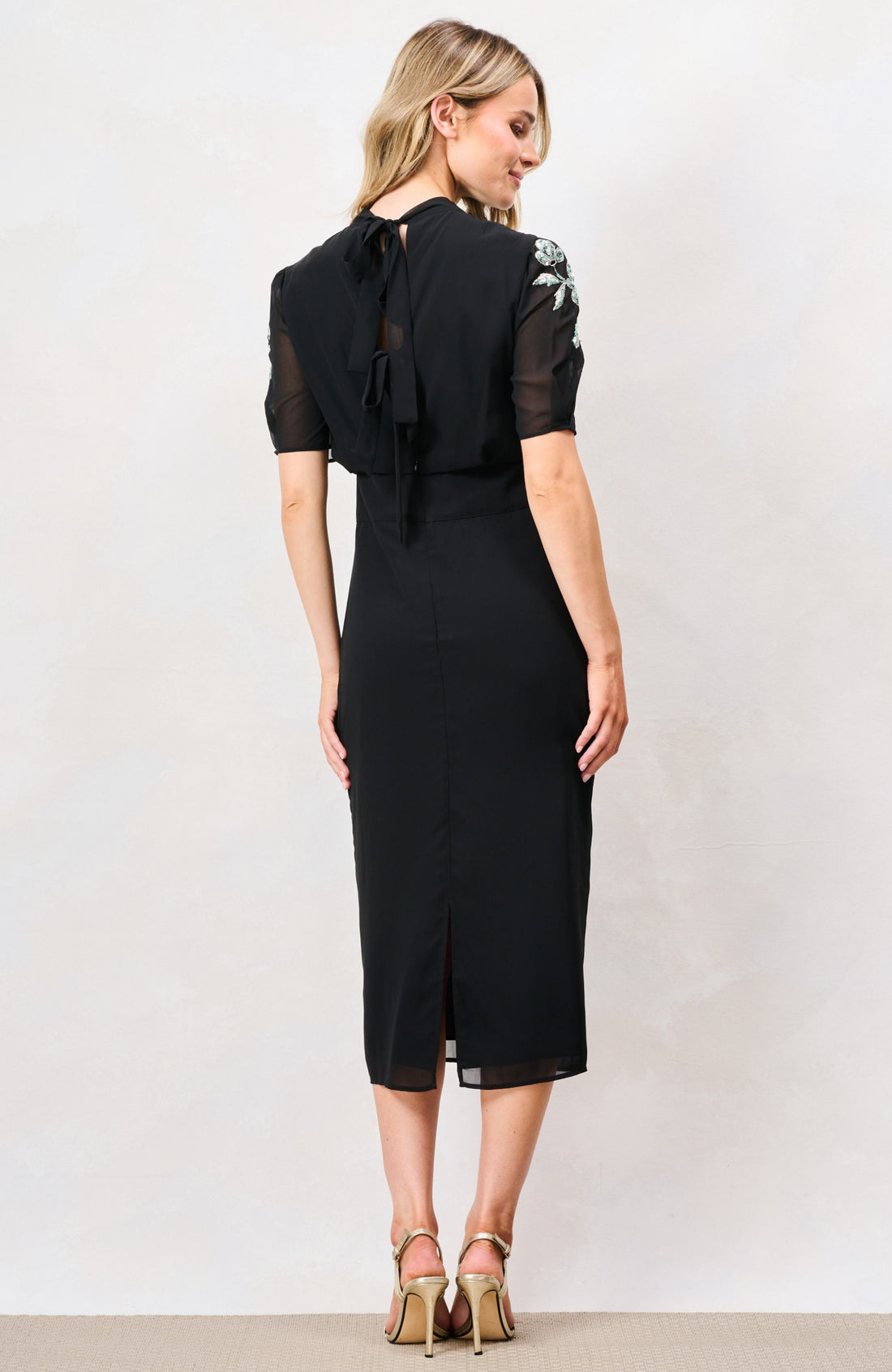 The Josette Embellished Midi Pencil Dress with Bow Back Detail