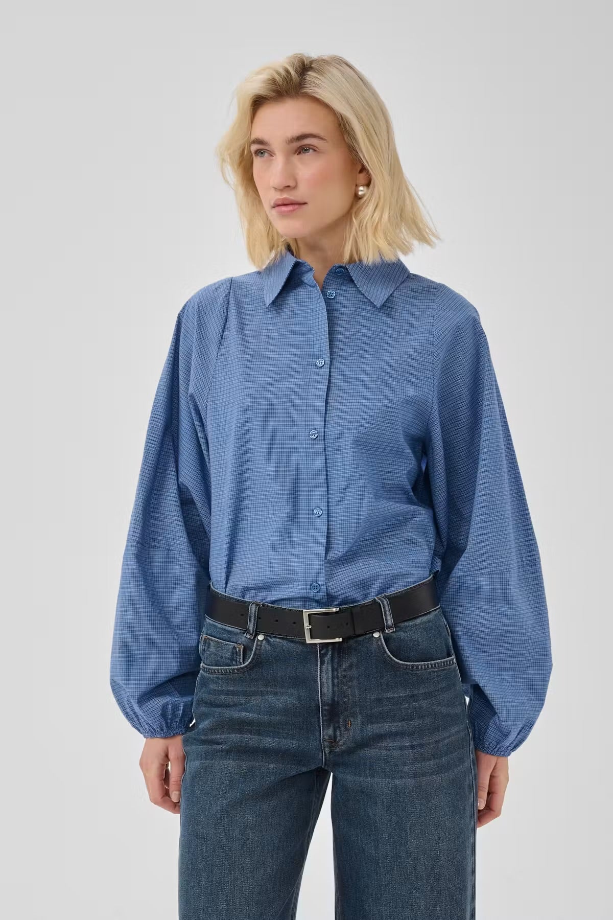My Essential Wardrobe Lise check balloon sleeve shirt