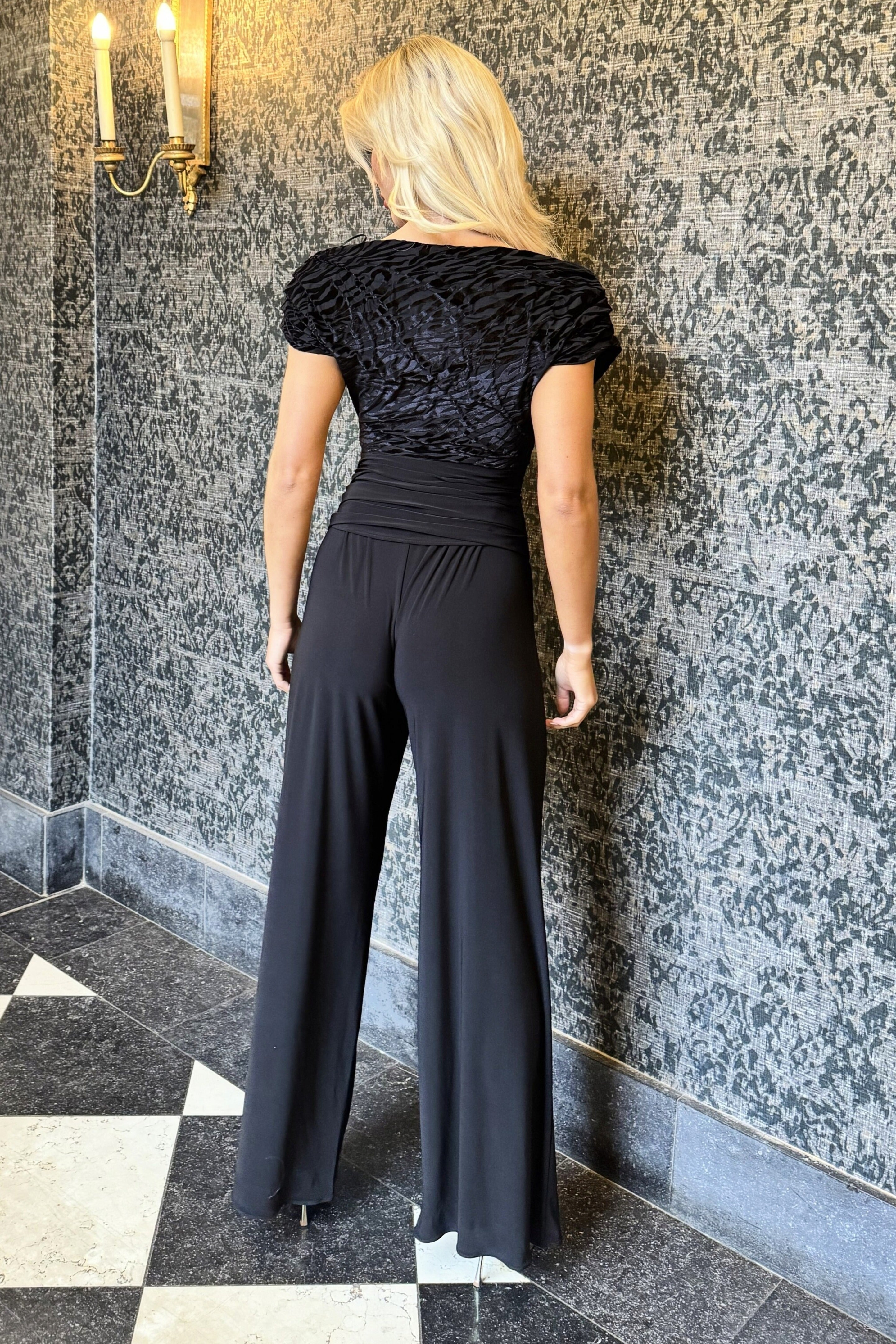 Atom Carbon black Bardot wide leg jumpsuit full-length front view