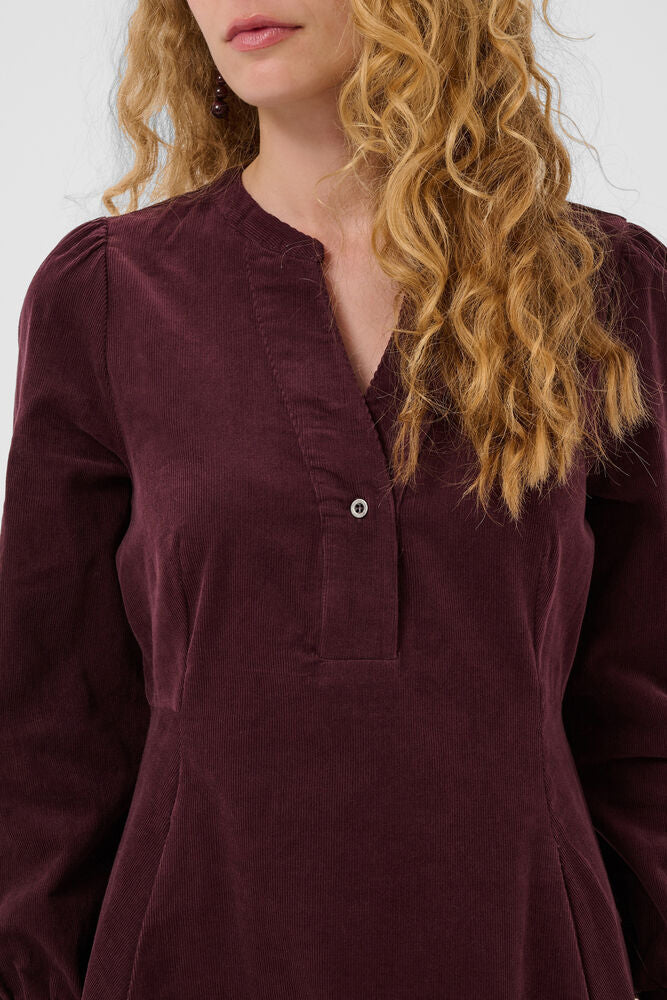 Close up of Culture Rhaena burgundy corduroy dress full-length front product view