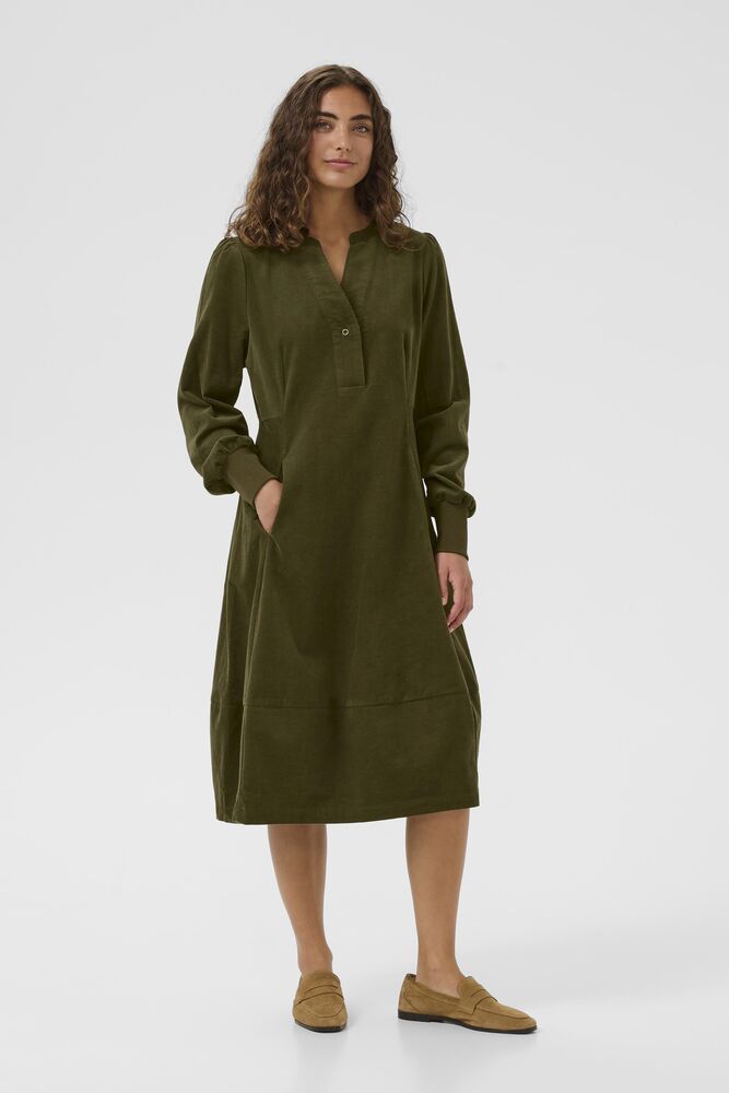 Culture Rhaena olive green corduroy A-line dress front view