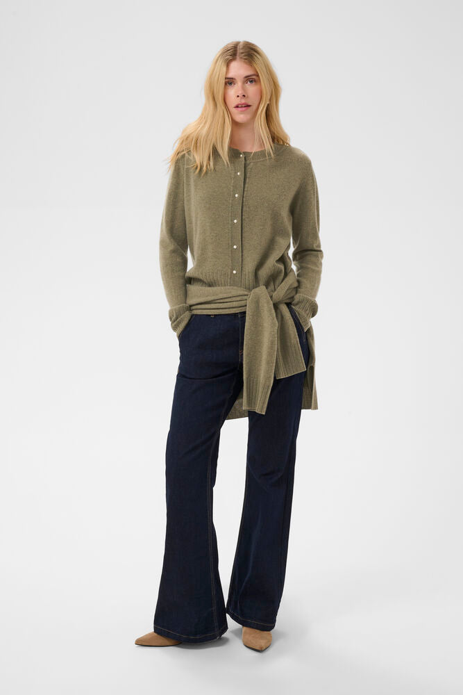 Culture Taia Arrow Olive Green button cardigan styled with navy trousers