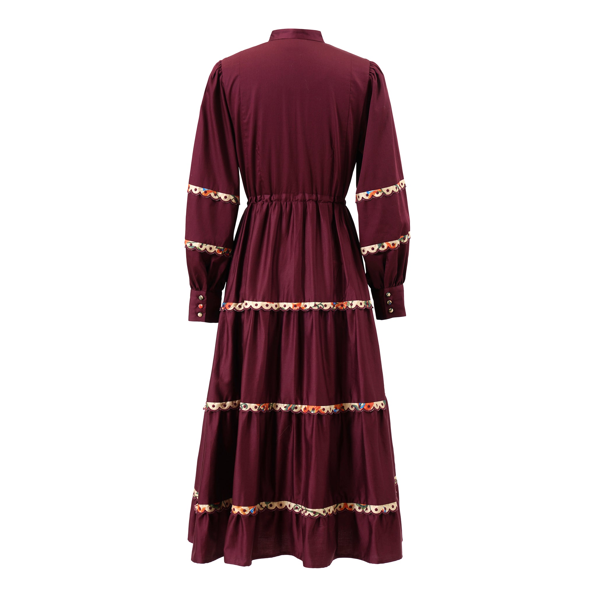 Back view of Emily Lovelock Annette Cherry Lacquer tiered midi dress