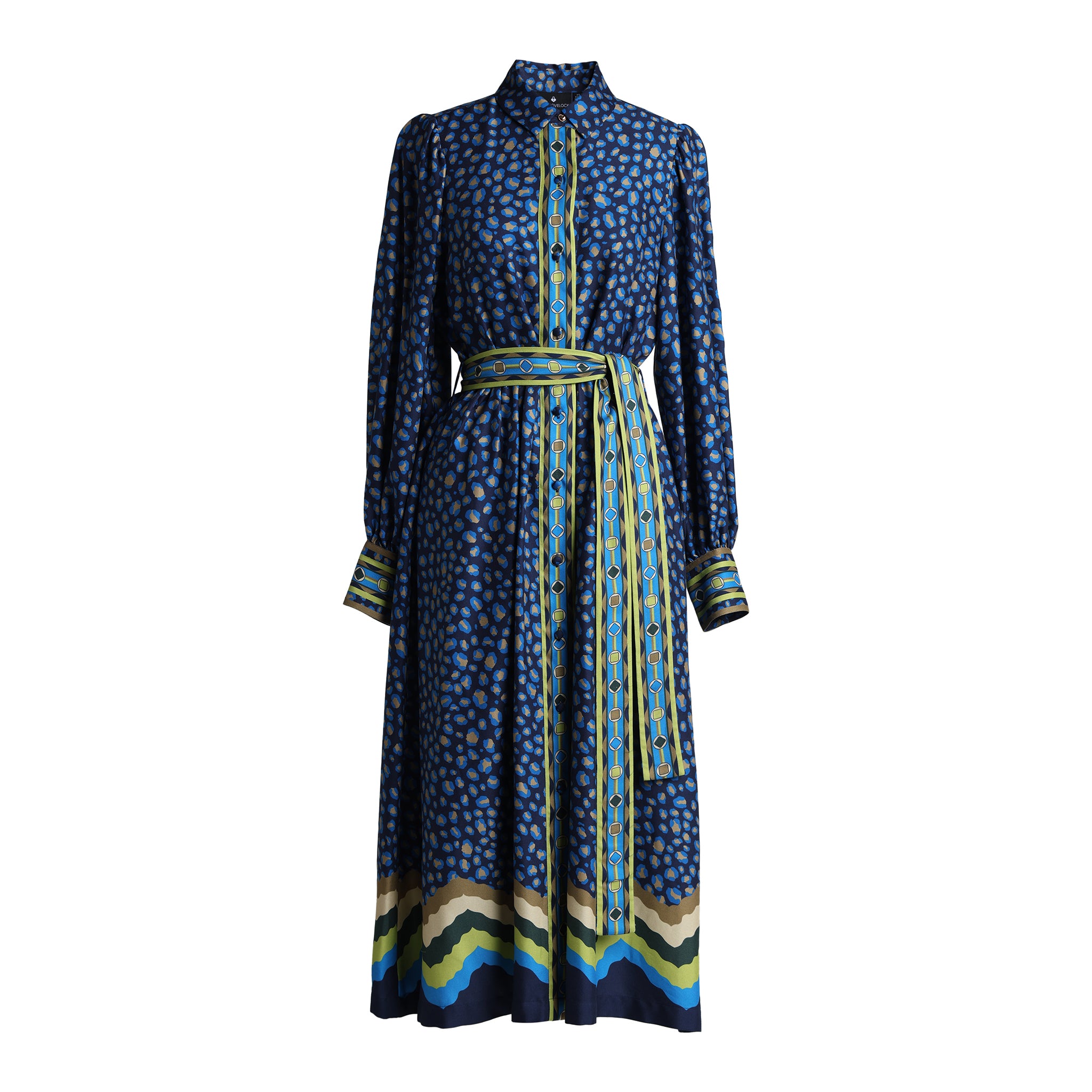 Emily Lovelock Kendal navy printed belted midi dress front view