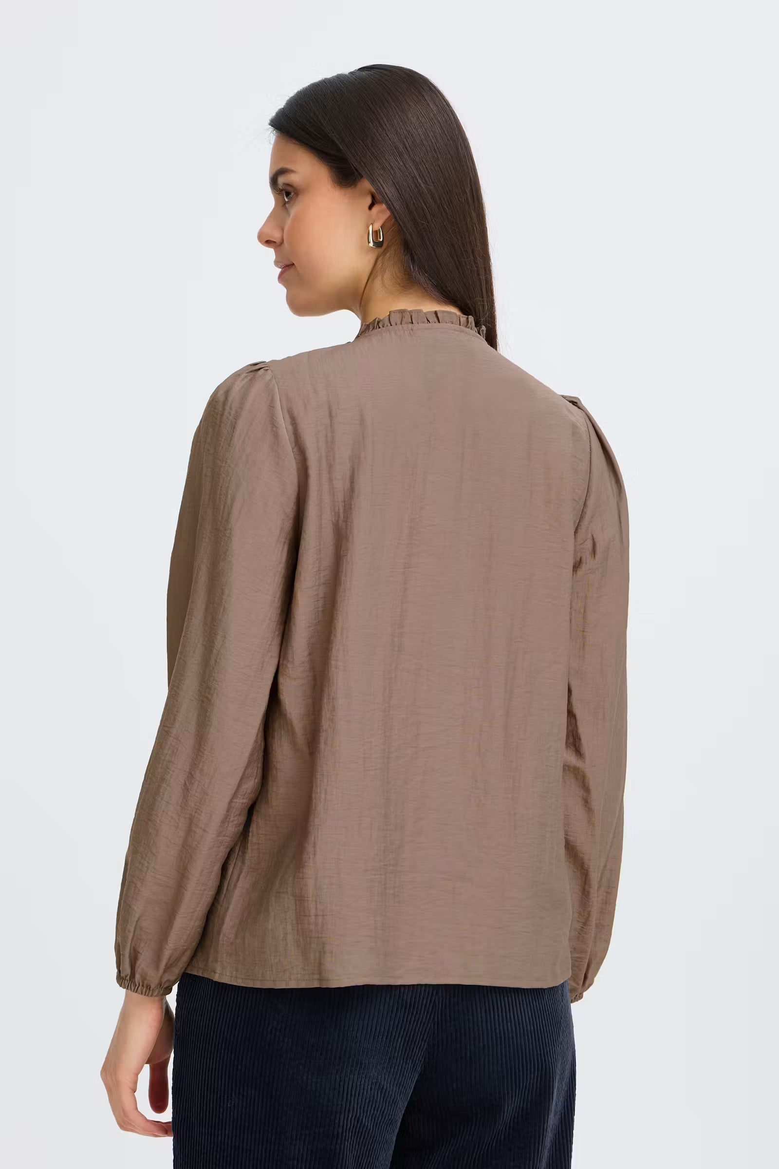 Back view of Fransa Gida brown long sleeve textured blouse