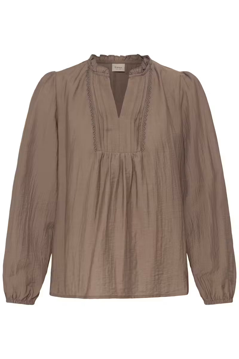 Fransa Gida brown V-neck long sleeve blouse product front view