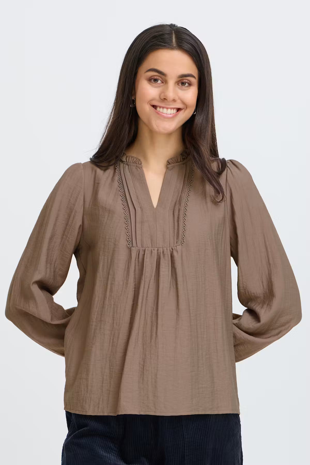 Fransa Gida brown V-neck crinkle blouse front view