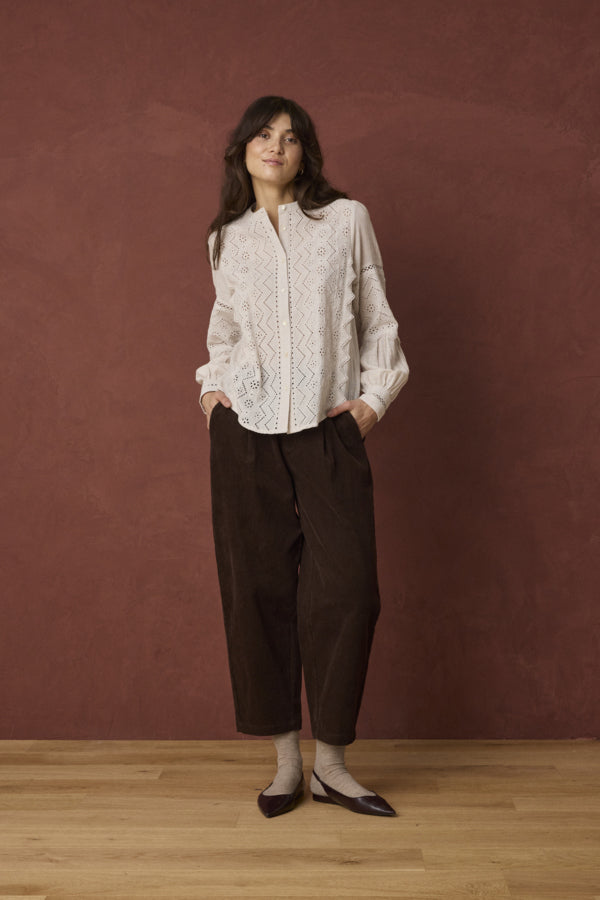 Fransa Calana Hot Fudge corduroy trousers styled with white blouse