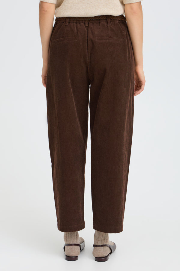 Fransa Calana brown ankle length barrel leg trousers front view