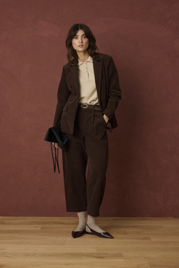 Fransa Calana Hot Fudge corduroy trousers styled with brown blazer