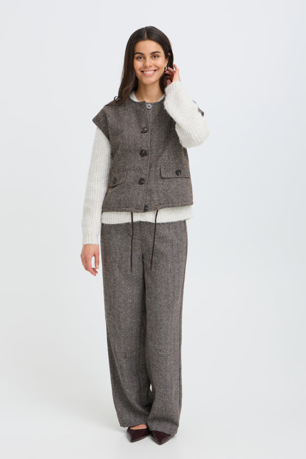Fransa Vea Hot Fudge button waistcoat styled with matching brown trousers