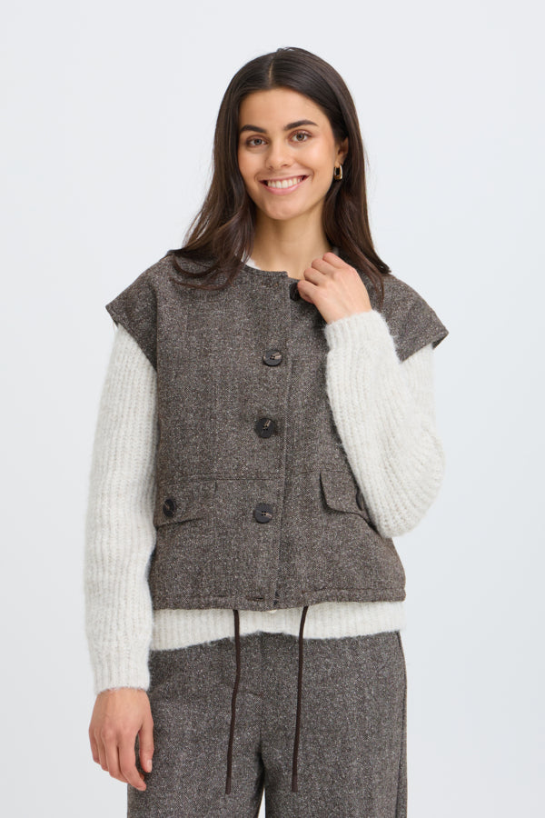 Fransa Vea Hot Fudge brown herringbone button waistcoat front view