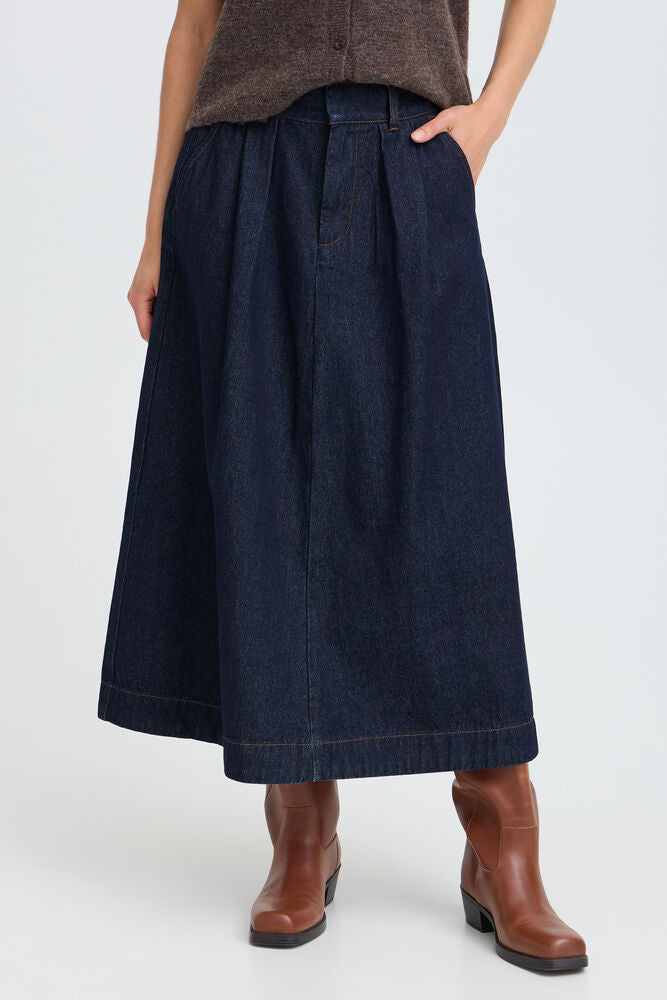 Fransa Leslie high waisted denim midi skirt full front view