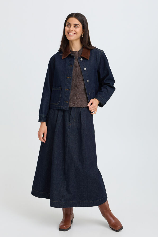 Fransa Leslie dark blue denim midi skirt styled with matching denim jacket