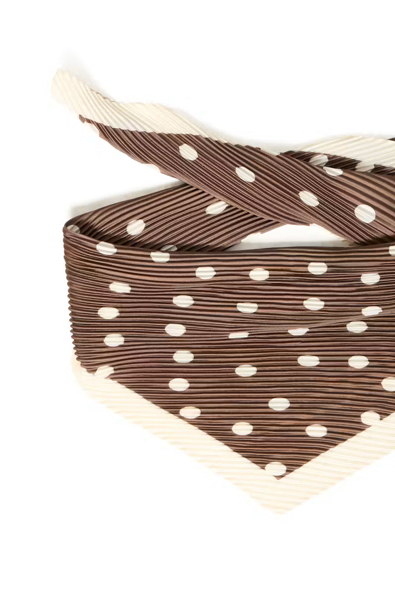 Close-up of Fransa Selana brown and cream polka dot pleated neck scarf