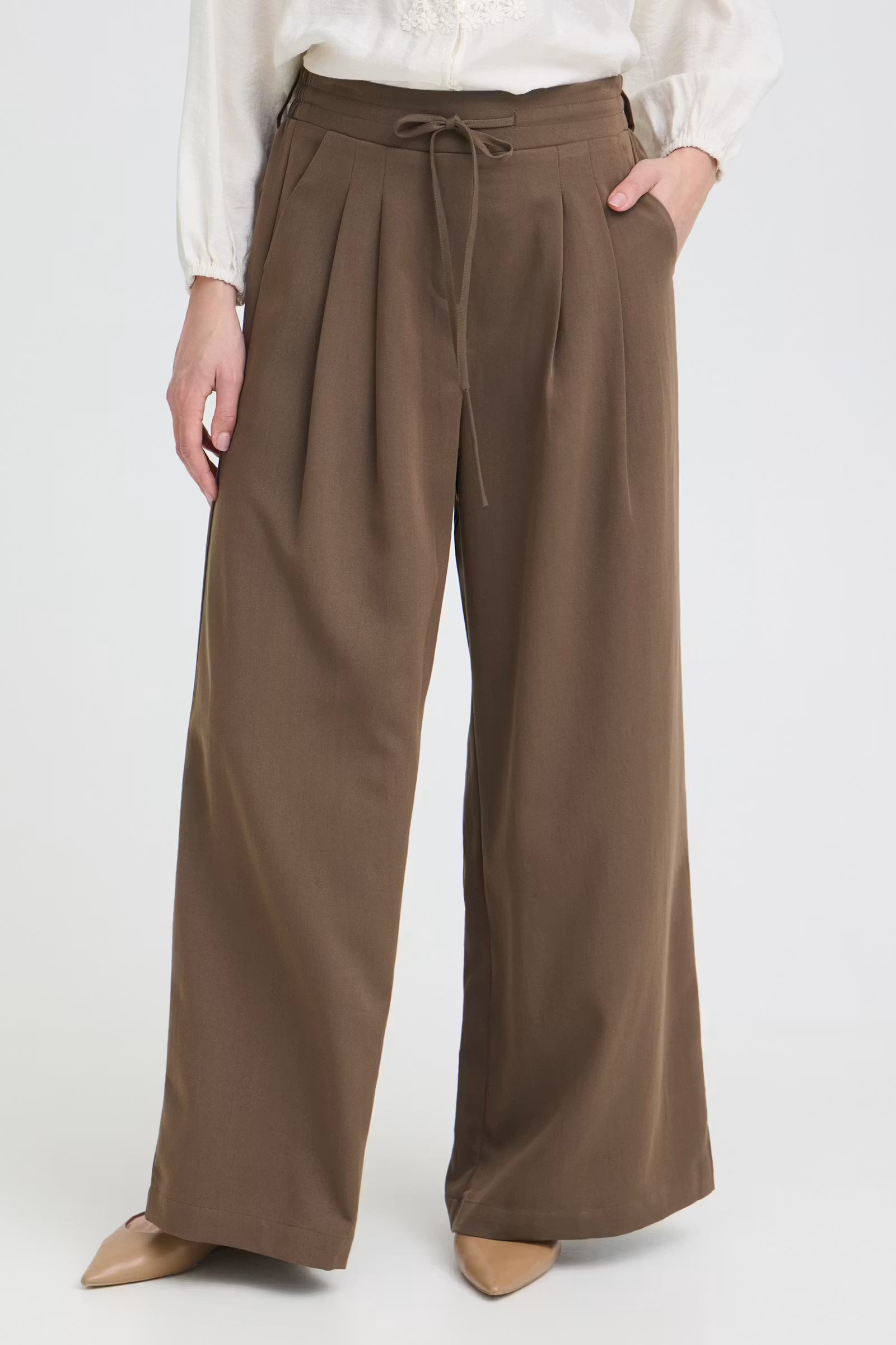 Front view of Fransa Veda brown full-length wide leg every day trousers