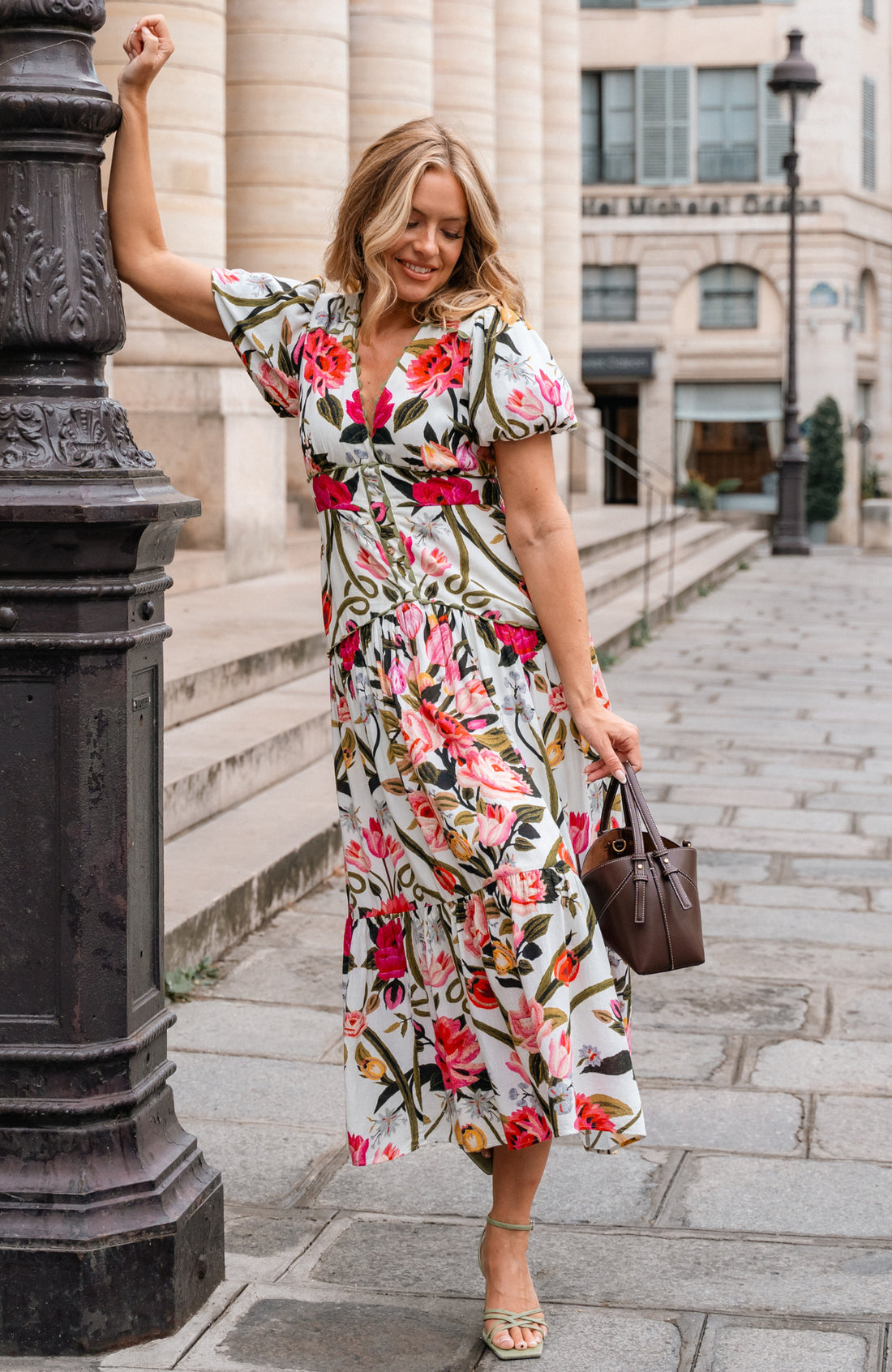 Hope & Ivy Angie pink floral wedding guest dress styled outdoors
