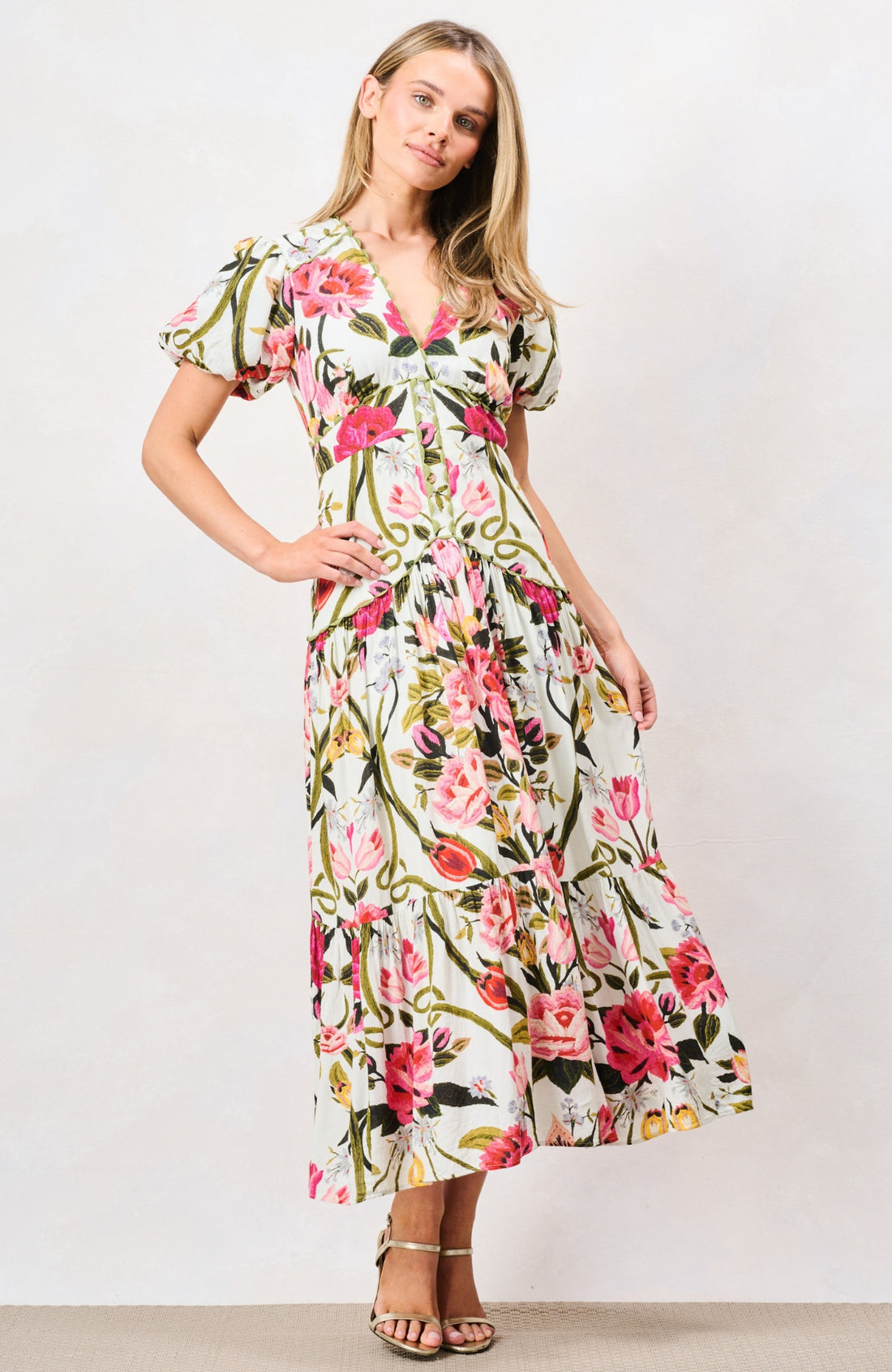 Hope & Ivy Angie pink floral puff sleeve midi dress front view