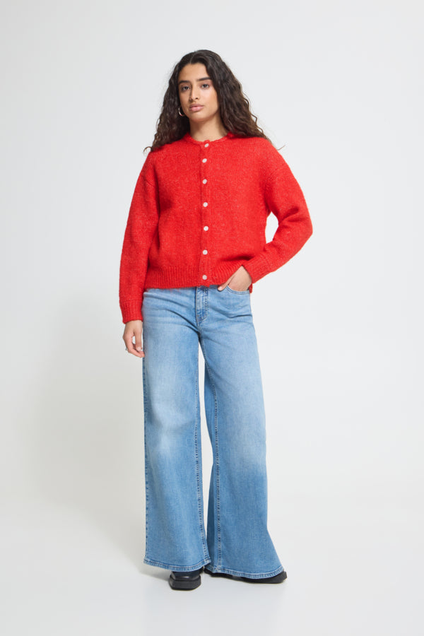 ICHI Belablue Poinsetta red cardigan styled with blue jeans
