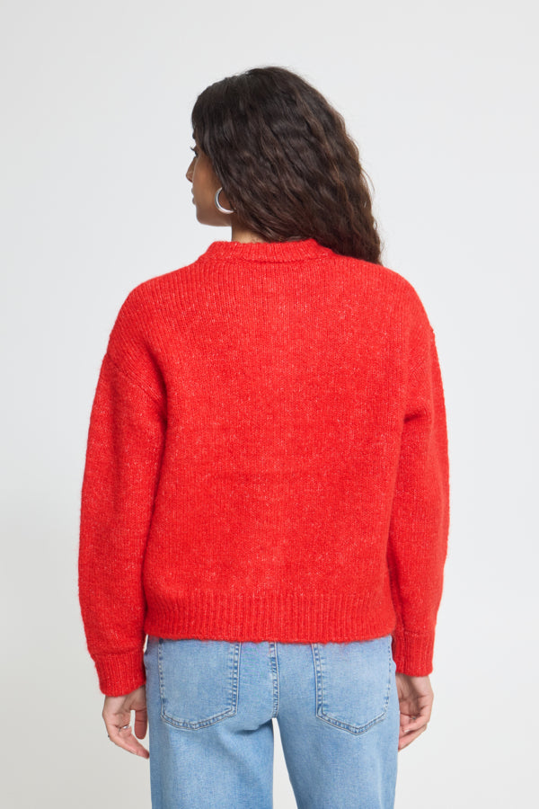 Back view of ICHI Belablue red long sleeve knitted cardigan