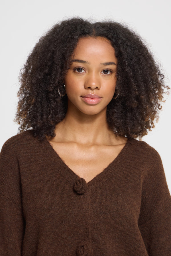 ICHI Povoke Chicory Coffee V-neck knitted cardigan portrait view