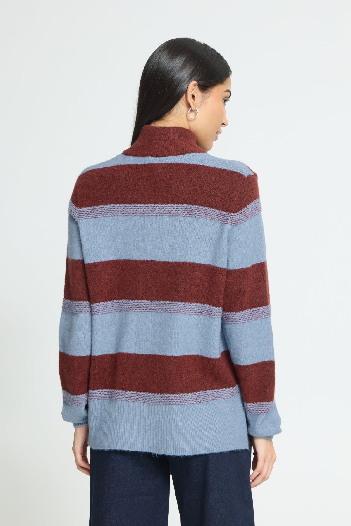 Back view of ICHI Edeen brown and blue striped jumper