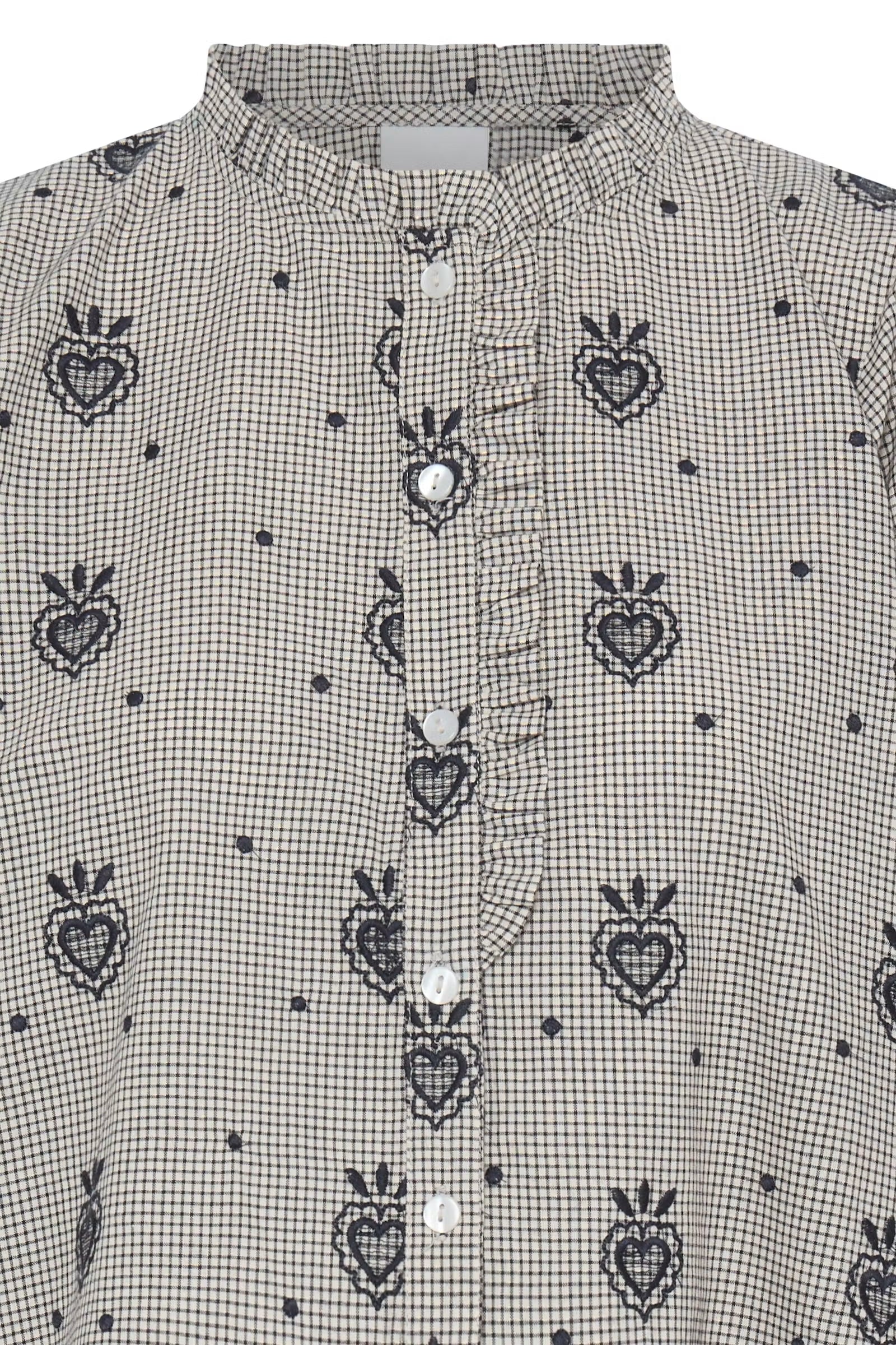 ICHI Heloza birch blouse button front and frill trim close-up