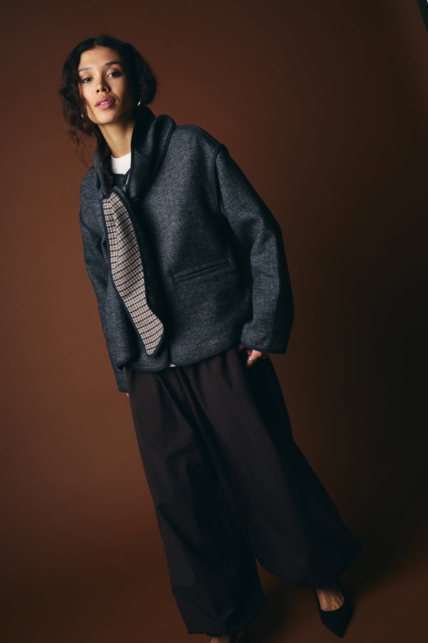 ICHI Frava black herringbone jacket styled with scarf detail and dark trousers
