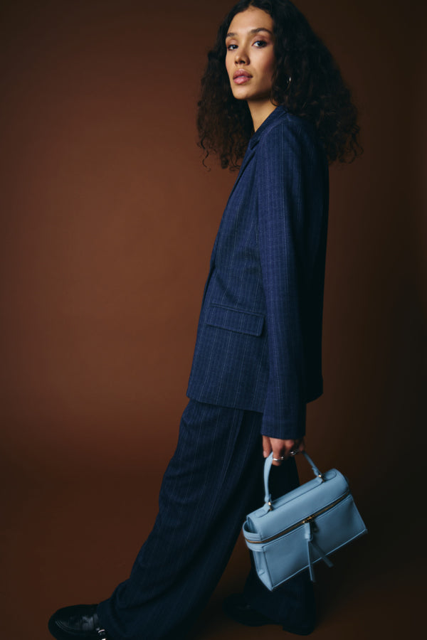 Side view of ICHI Kate Pinelle navy double breasted blazer