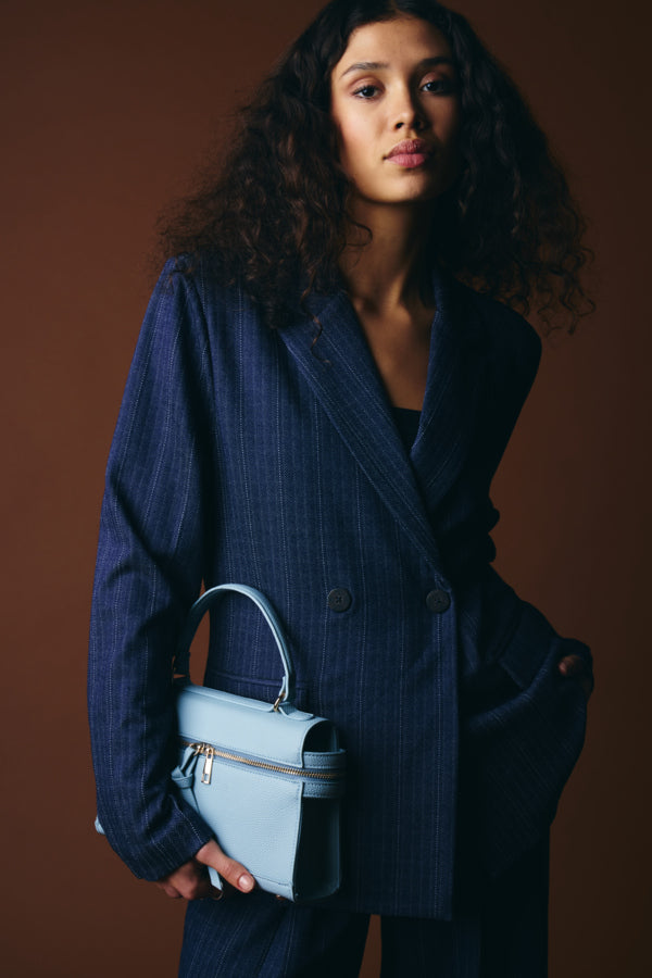 ICHI Kate Pinelle dark blue double breasted blazer styled with handbag