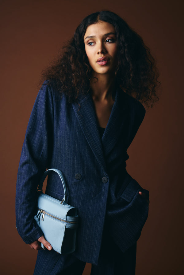 ICHI Kate Pinelle navy pinstripe trouser suit styled front view