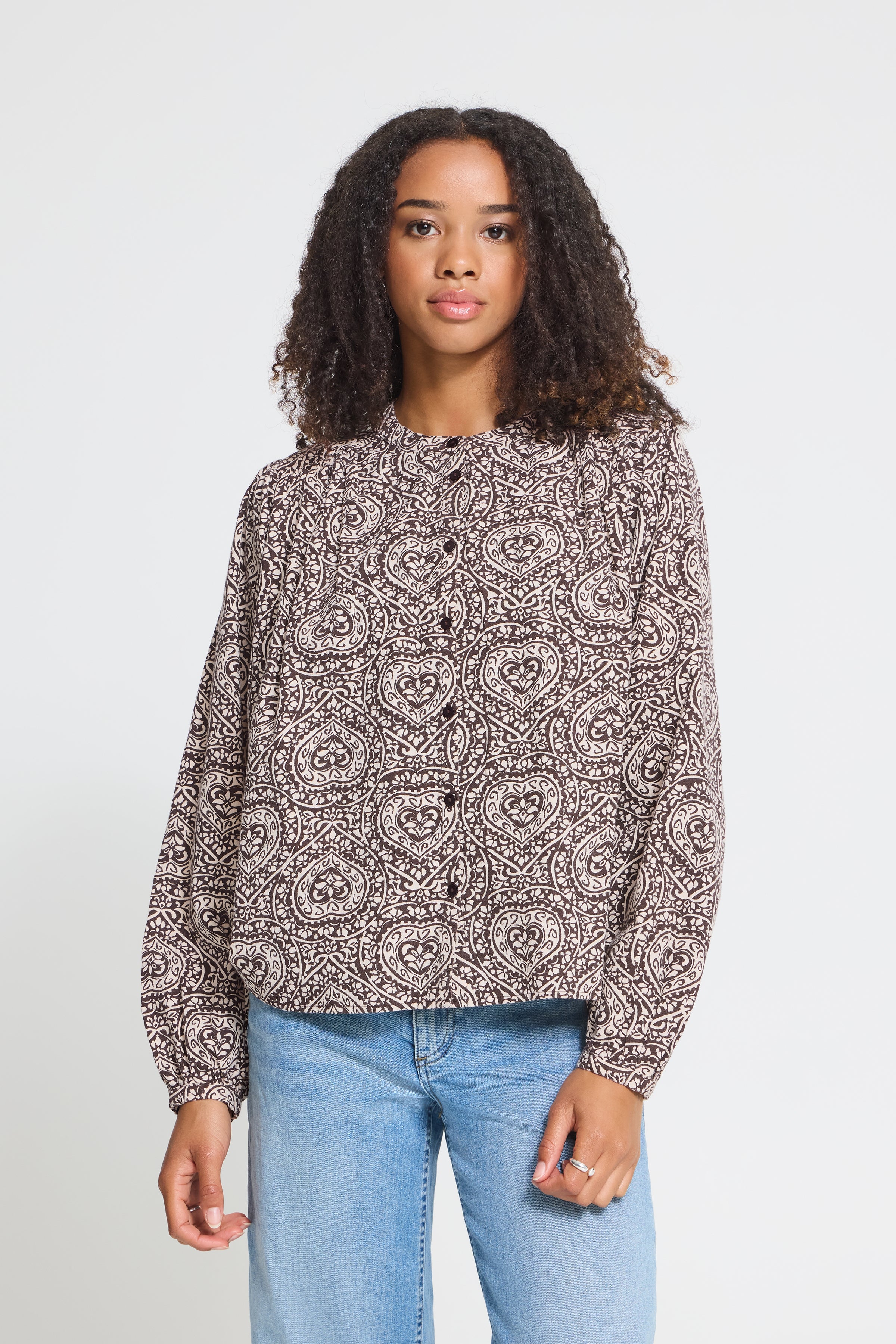 ICHI Katilio Brown Birch folklore heart print shirt front view