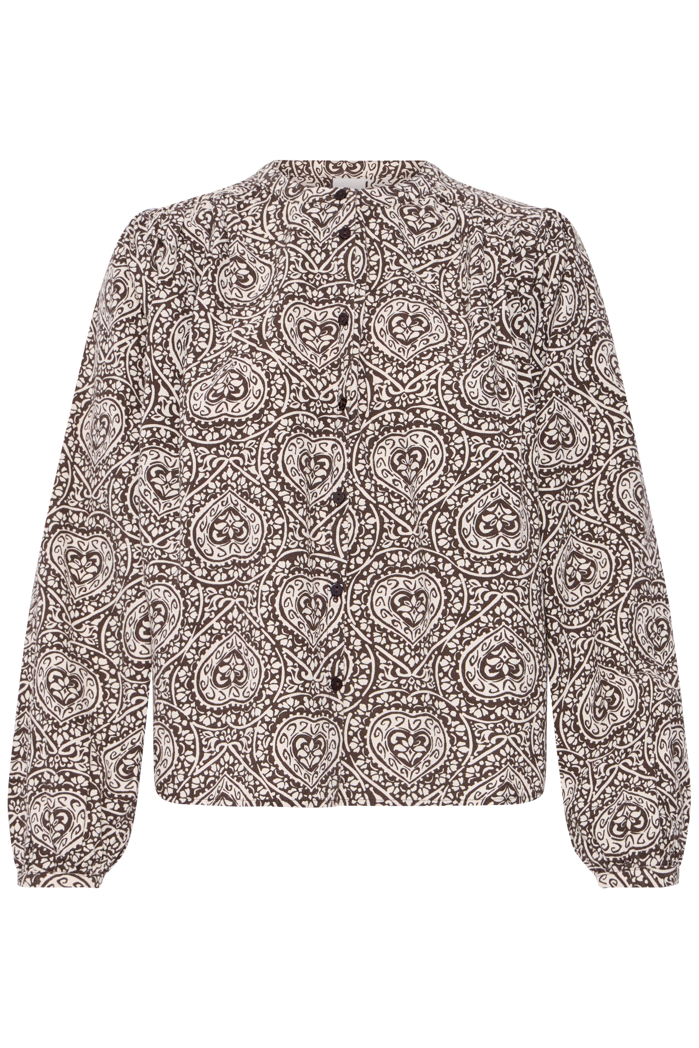 ICHI Katilio brown folklore heart print cotton shirt product front view