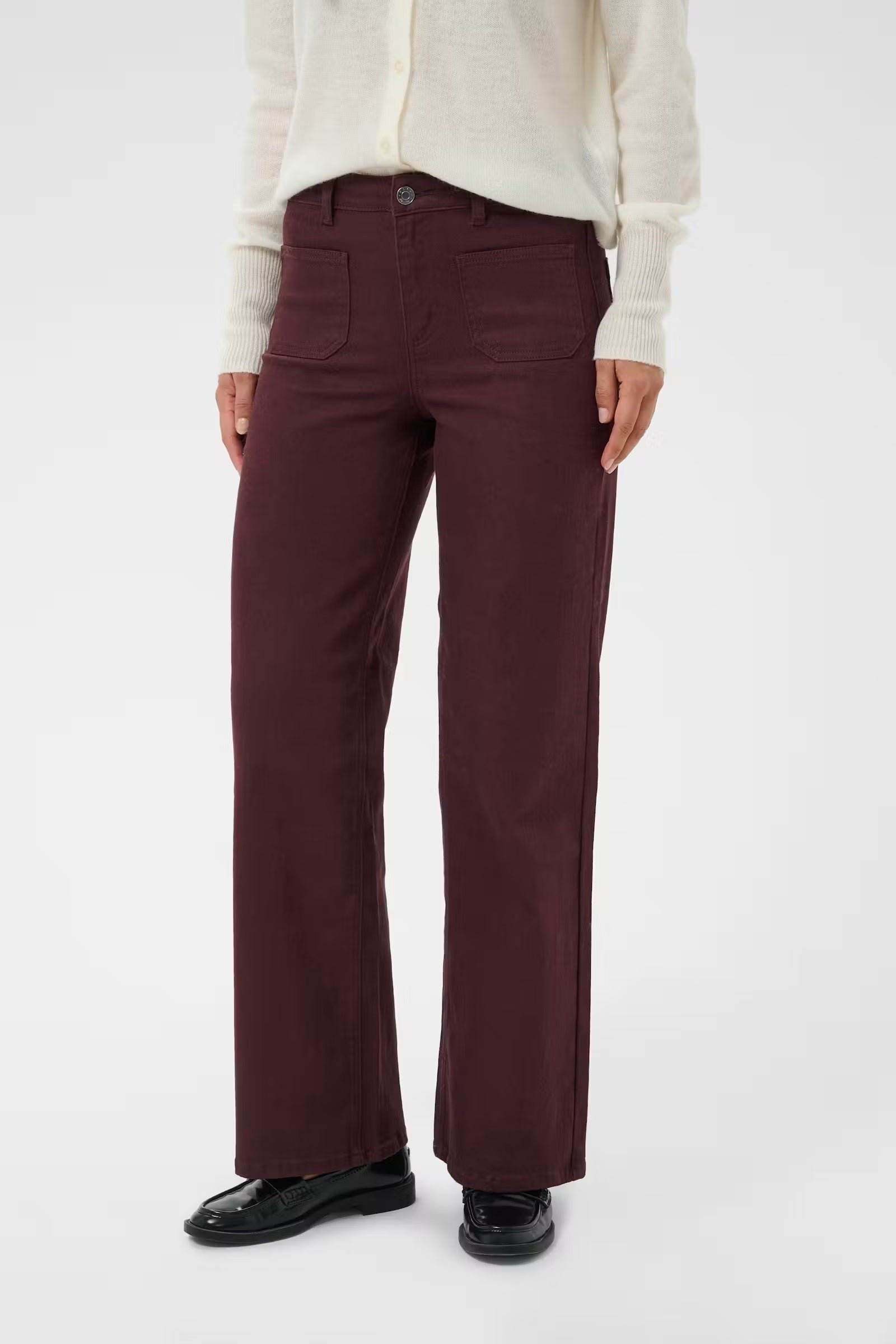 Kaffe Brook burgundy high waist straight leg twill jeans front view