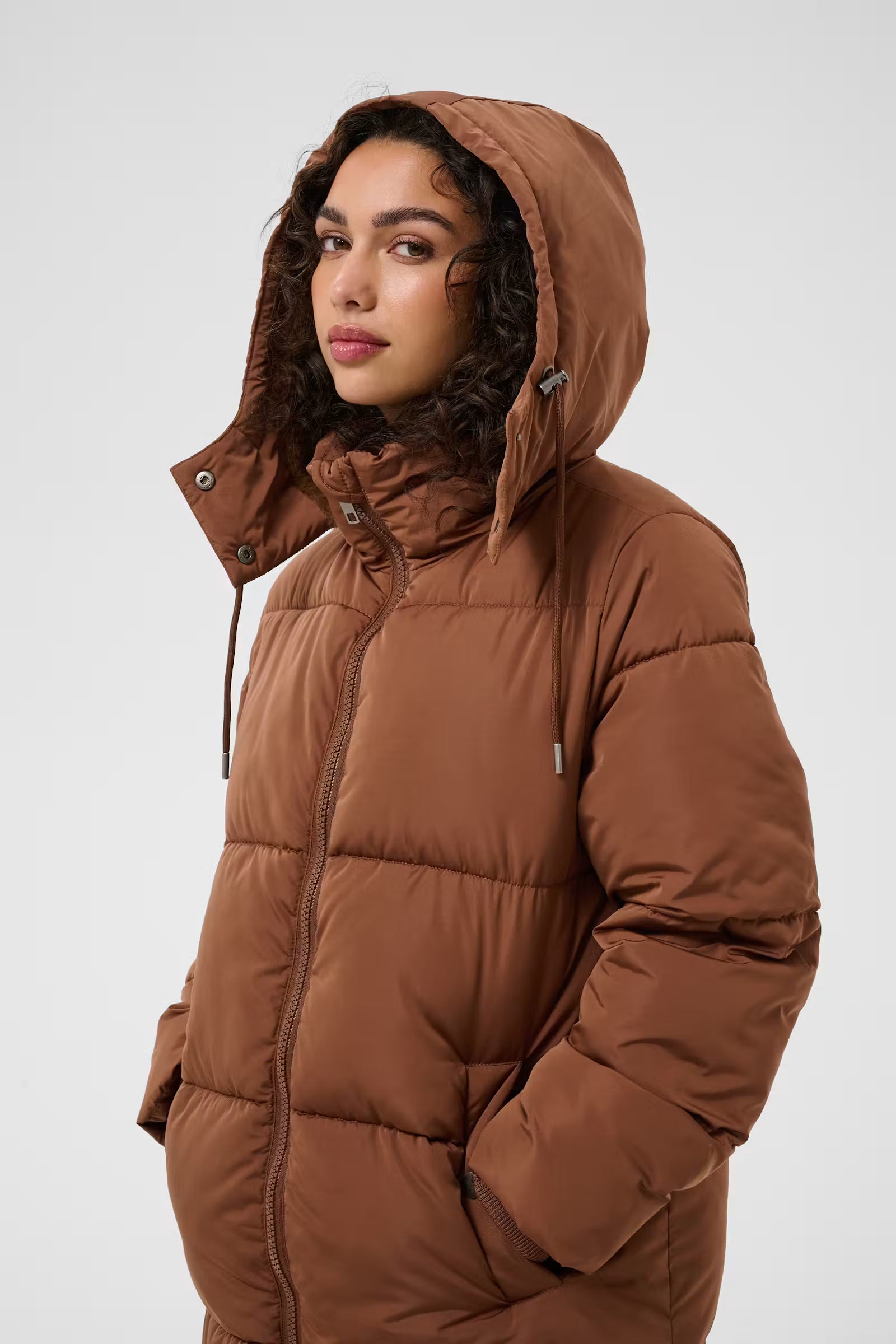 Kaffe Nikalui brown hooded padded coat styled front view