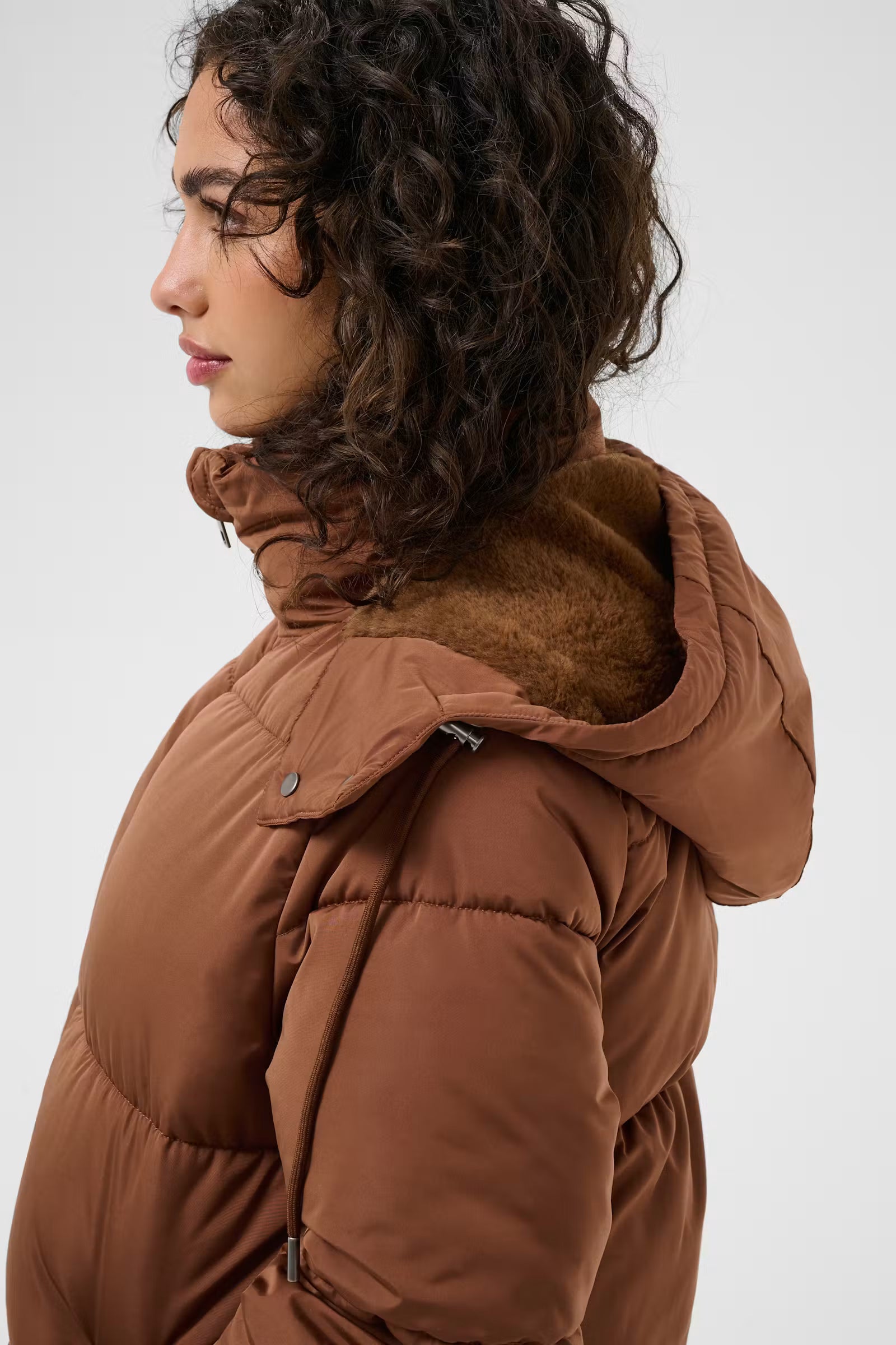 Kaffe Nikalui Friar Brown long puffer coat hood detail side view