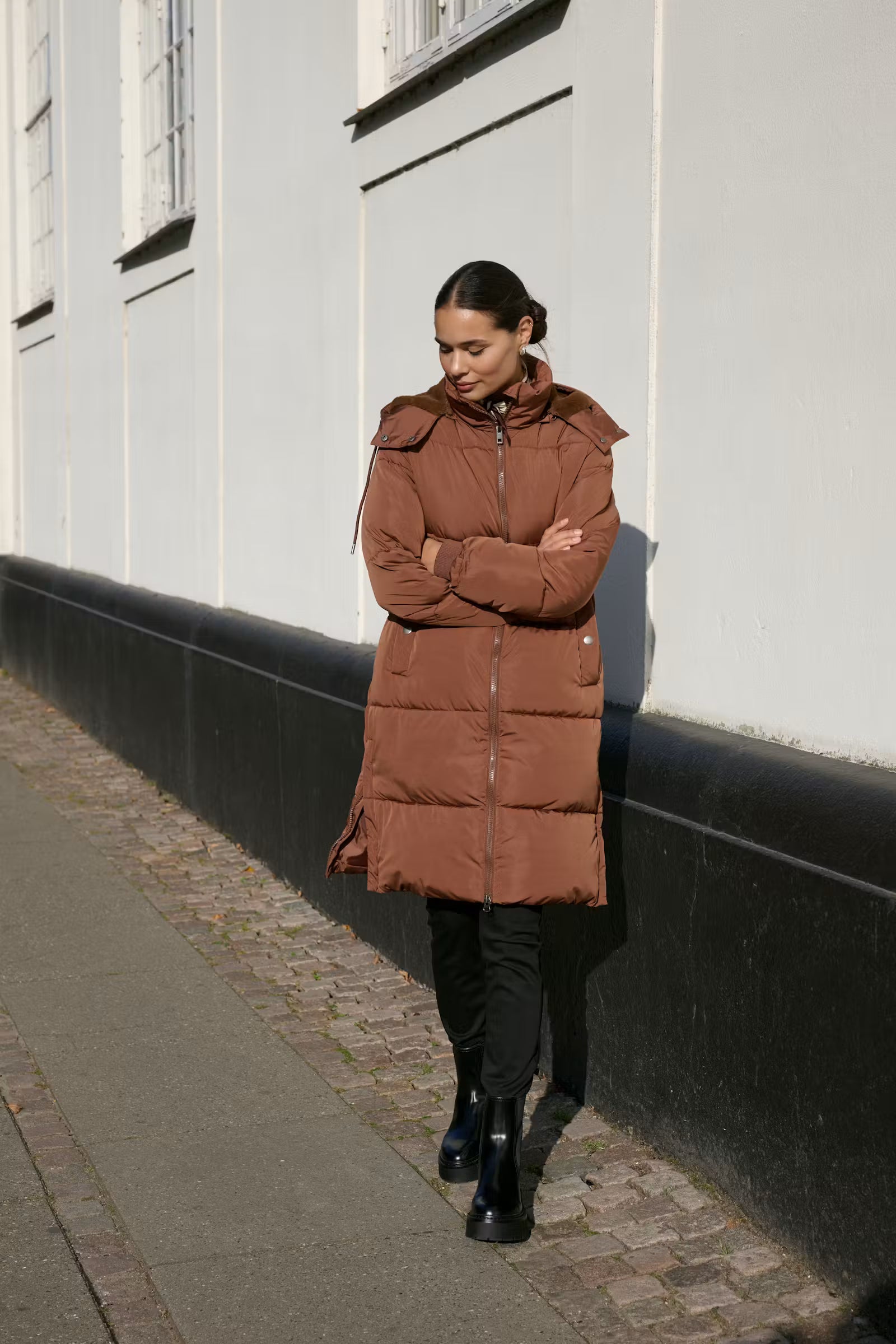 Kaffe Nikalui brown longline puffer coat product front view