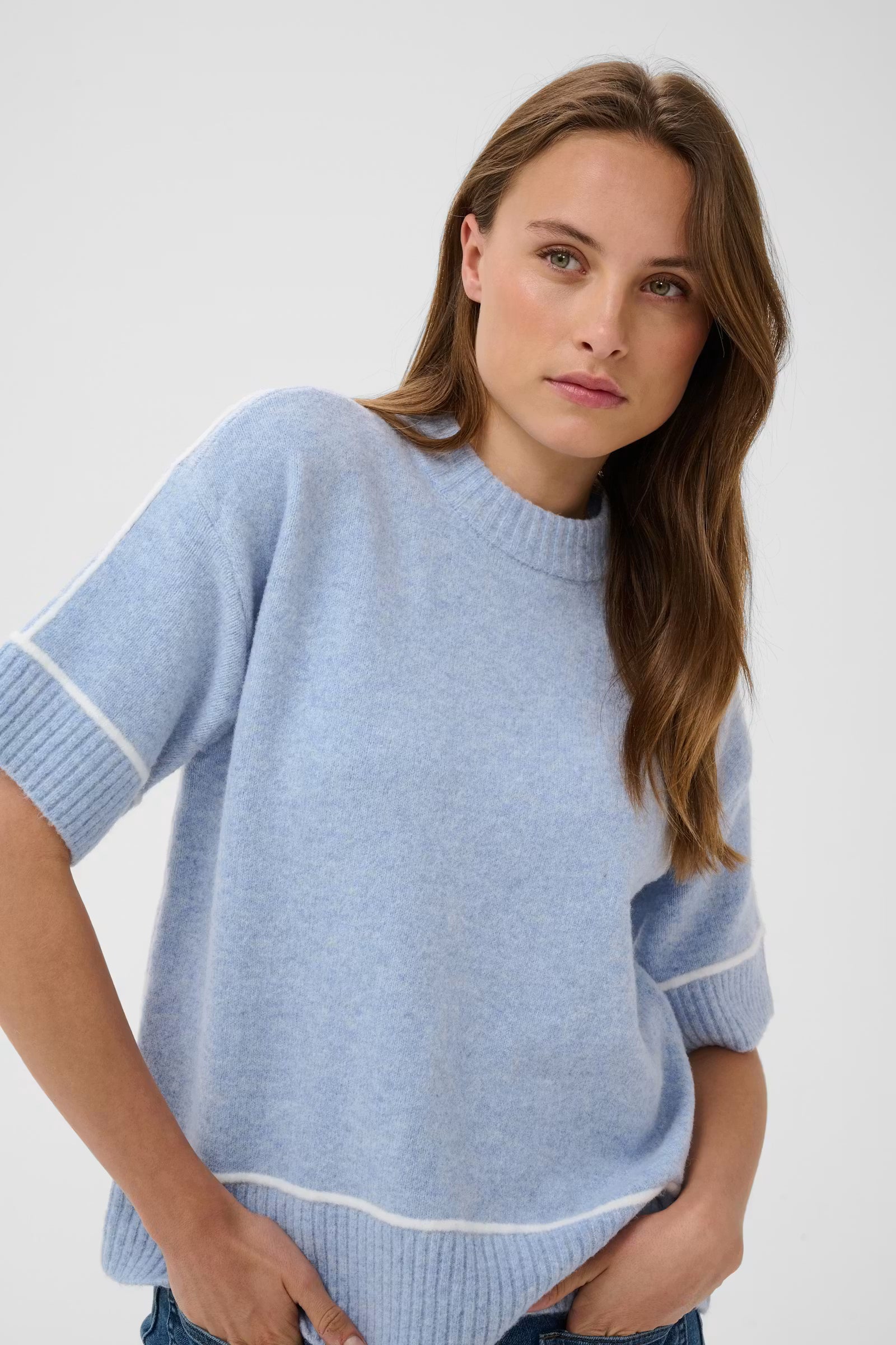 Kaffe Jinie light blue knit jumper dropped shoulder and elbow-length sleeve detail