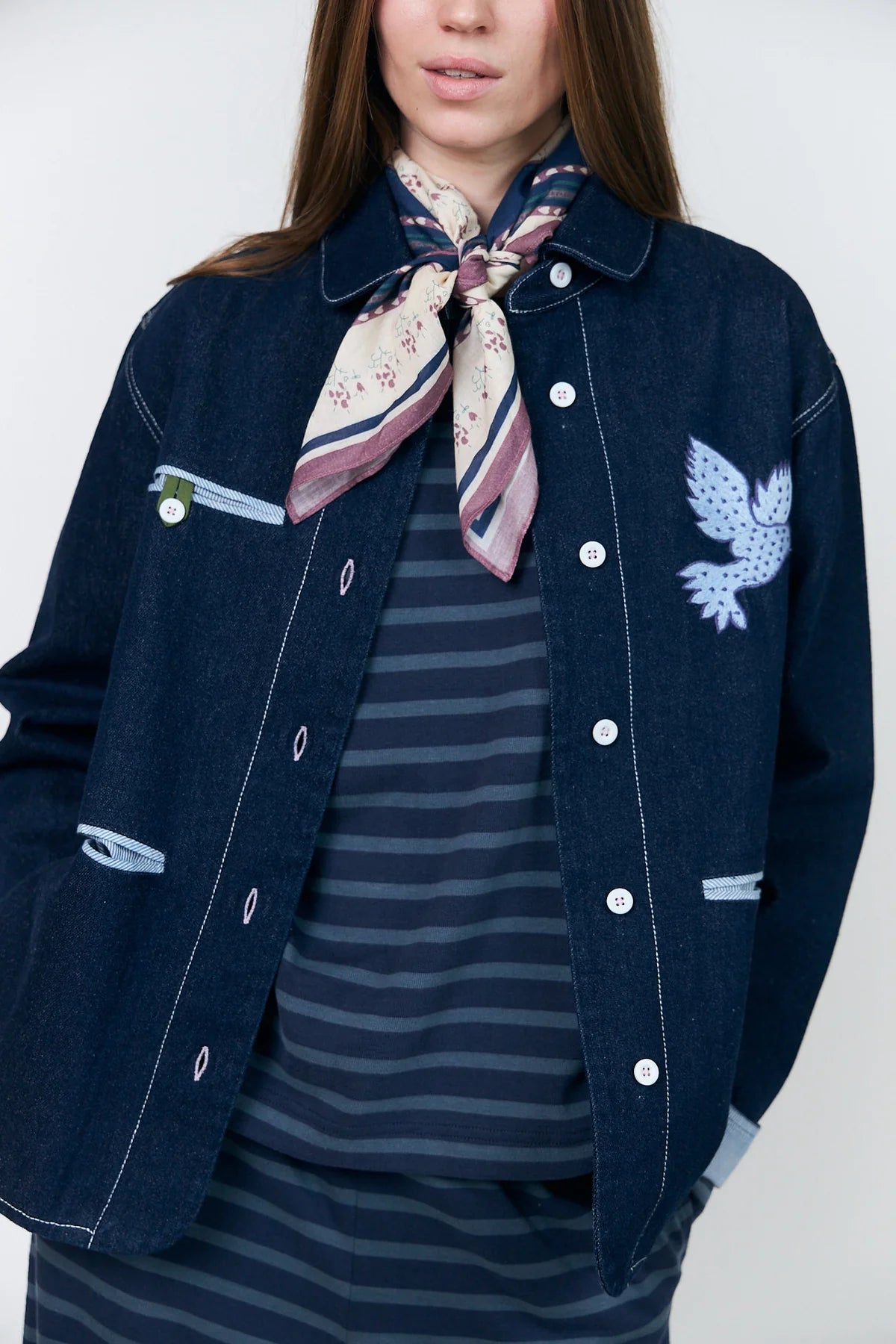 Lollys Laundry Edda dark blue embroidered denim shirt jacket styled front view