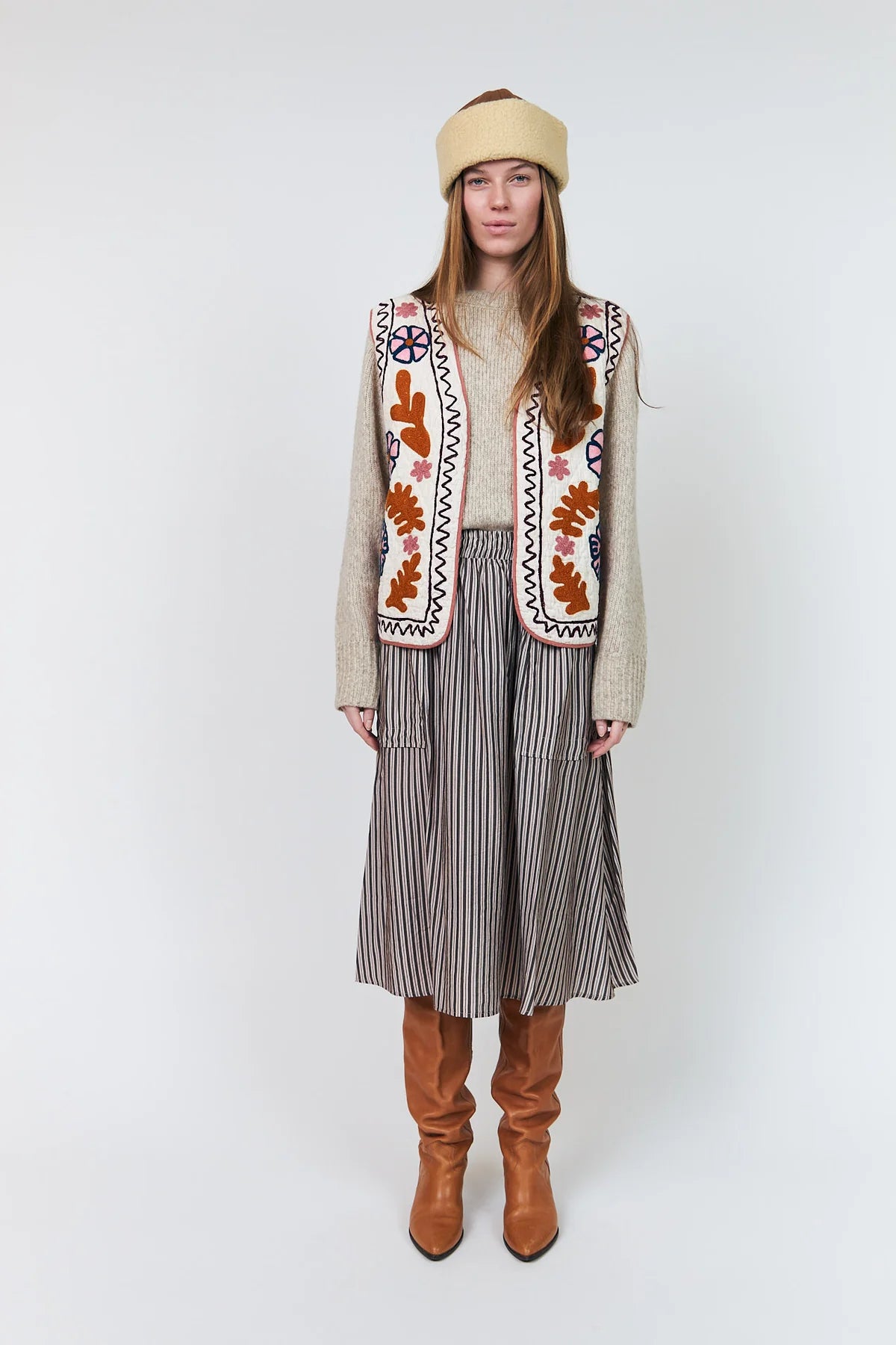 Full-length front view of Lollys Laundry Honey Suzani-style embroidered gilet