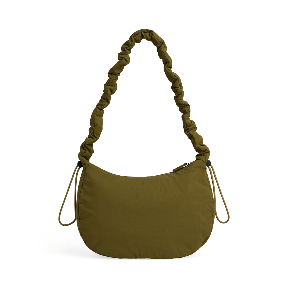 Markberg Ground Ivy Green recycled bag side profile with drawstring detail