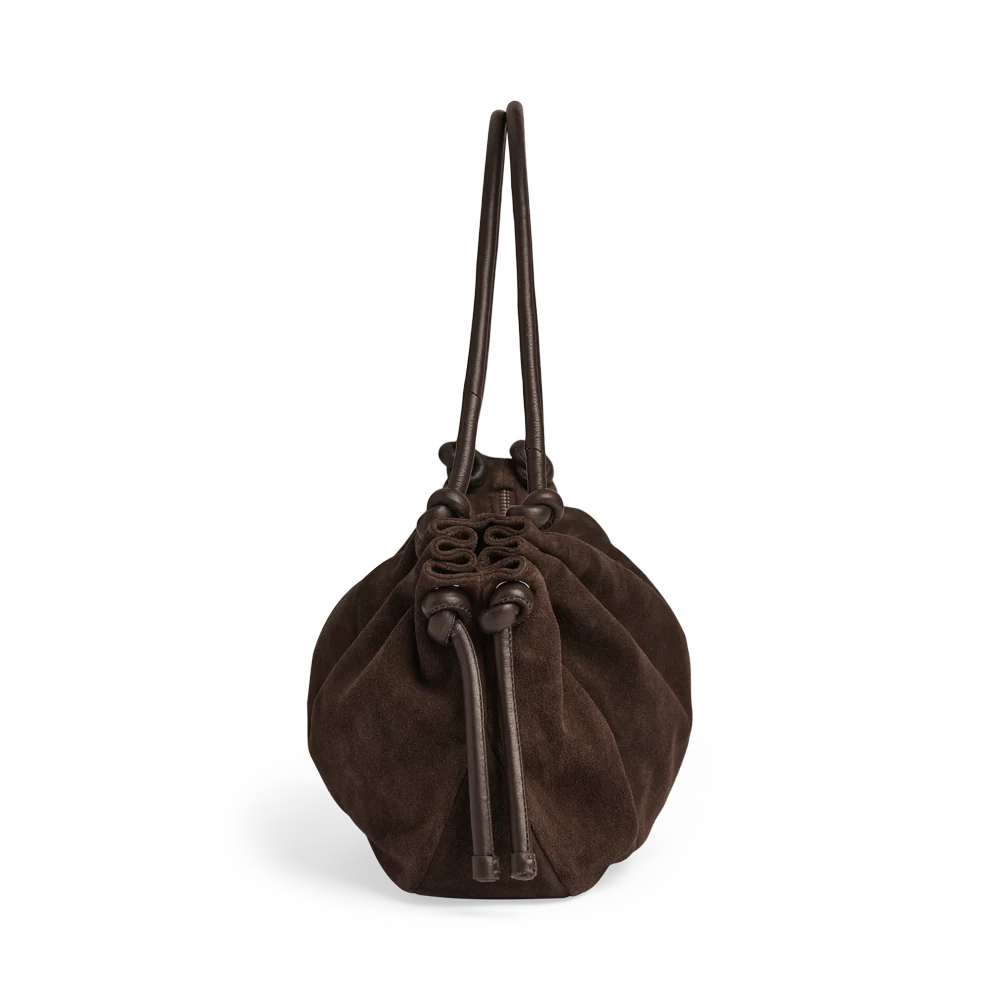 Markberg Reign brown suede shoulder bag side view with knot detail
