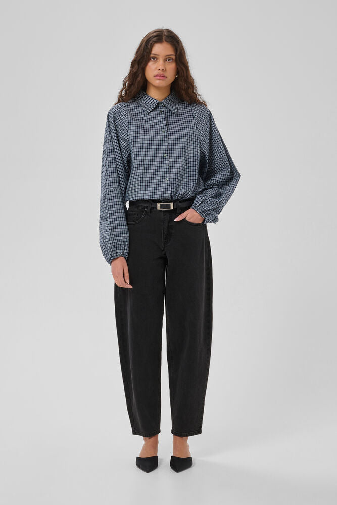 My Essential Wardrobe Baloo dark grey barrel leg jeans styled front view