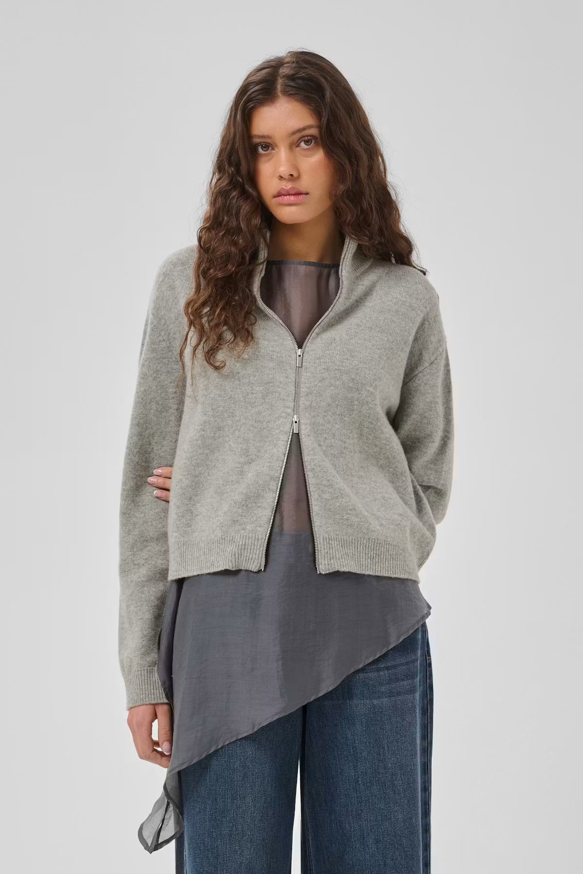 My Essential Wardrobe Tracy light grey high neck knitted cardigan styled front view
