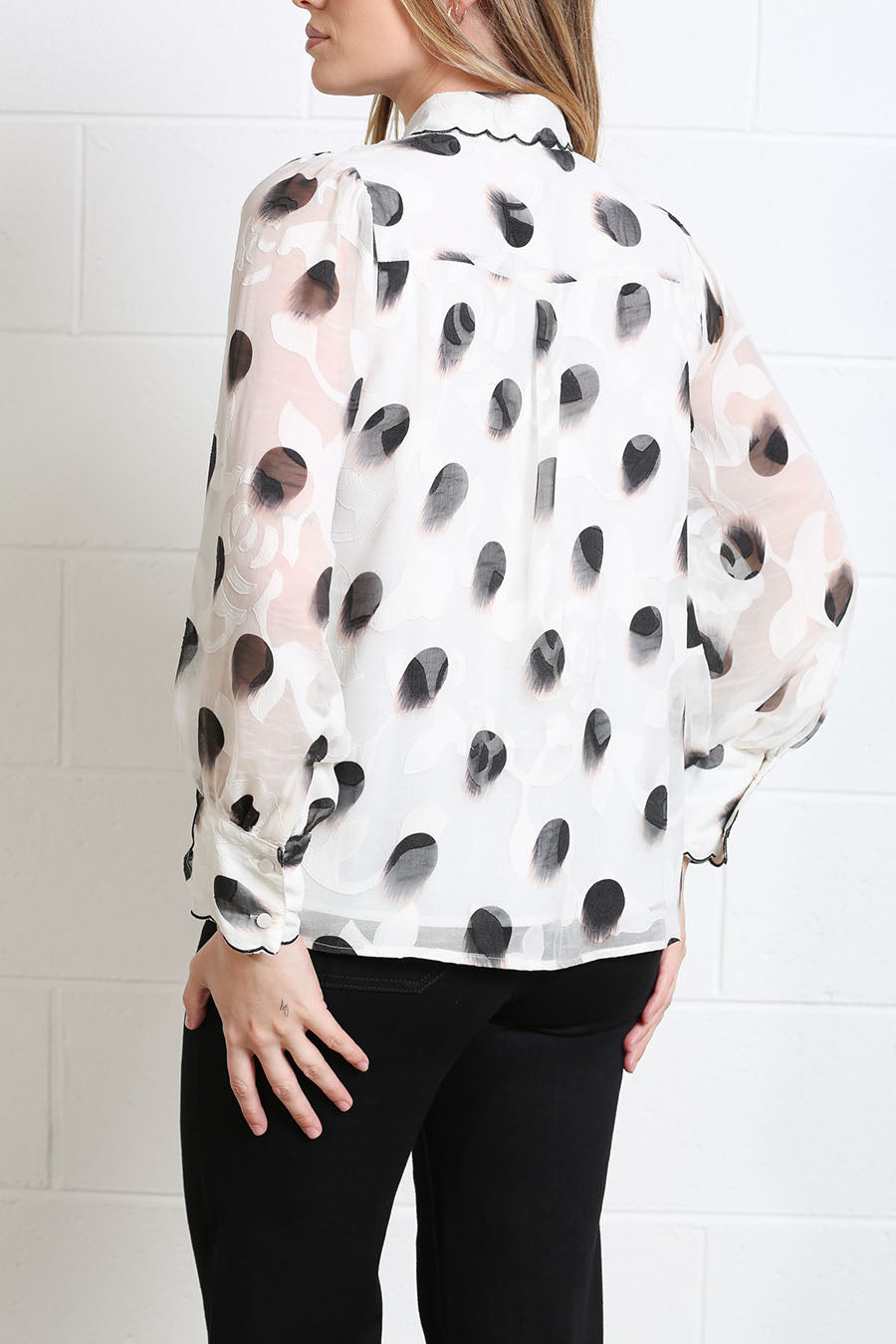 Back view of Rant & Rave Posy white black spot print long sleeve blouse