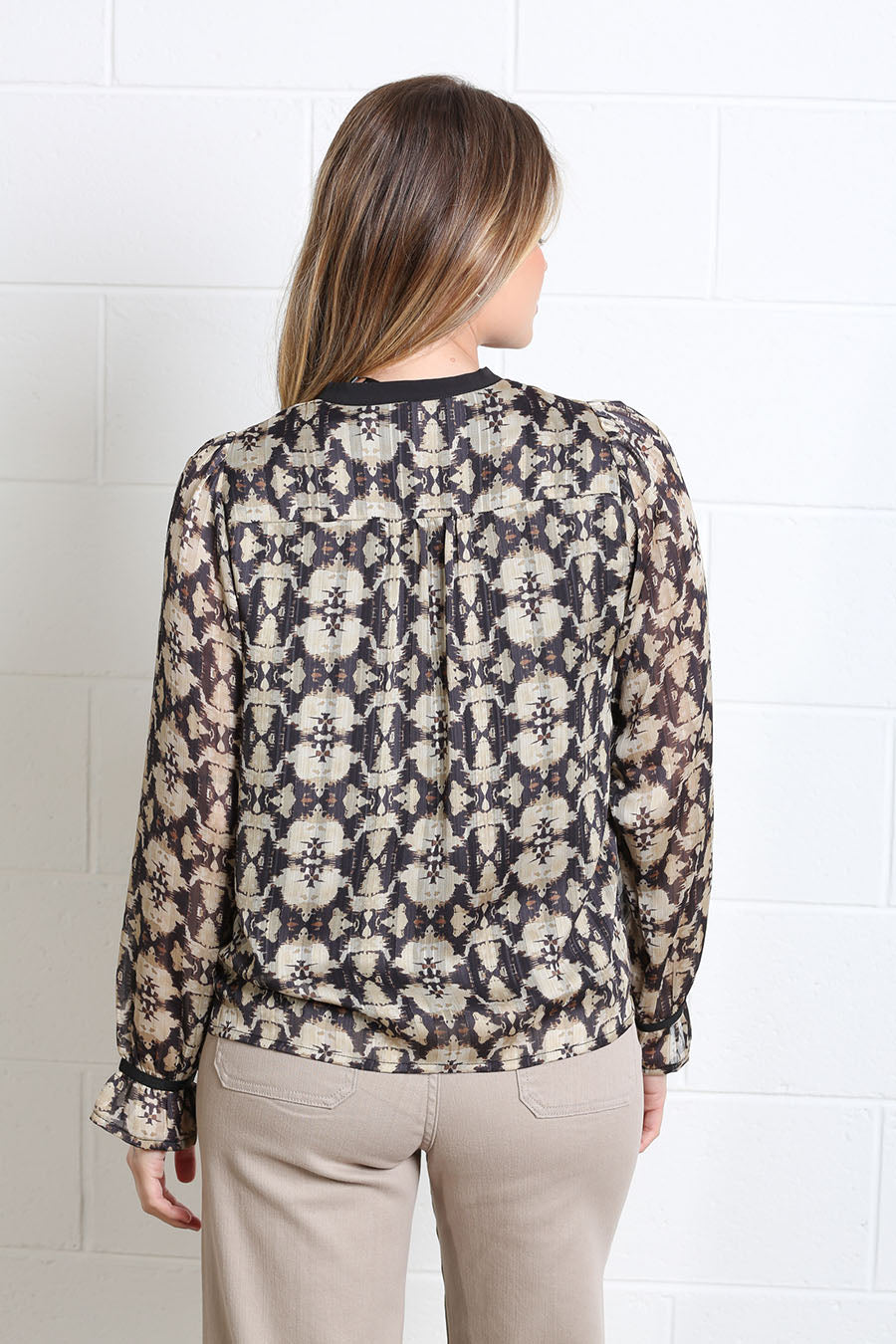 Rant & Rave Maria gold black print blouse with contrast neck tie detail