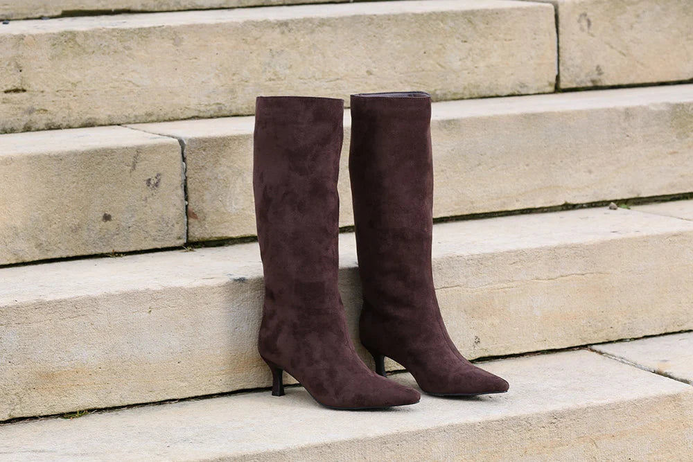Rant & Rave Daisy chocolate brown knee-high heeled boots side view
