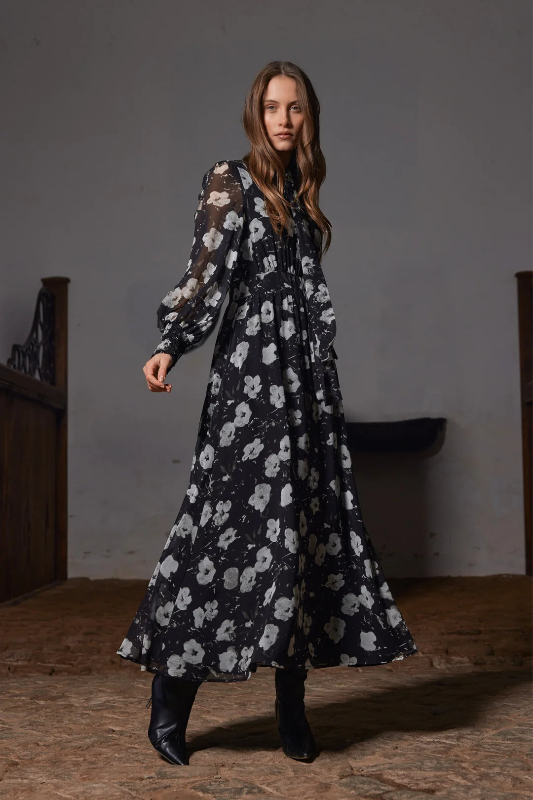 Rue de Femme Paxton black floral midi occasion dress shown in motion